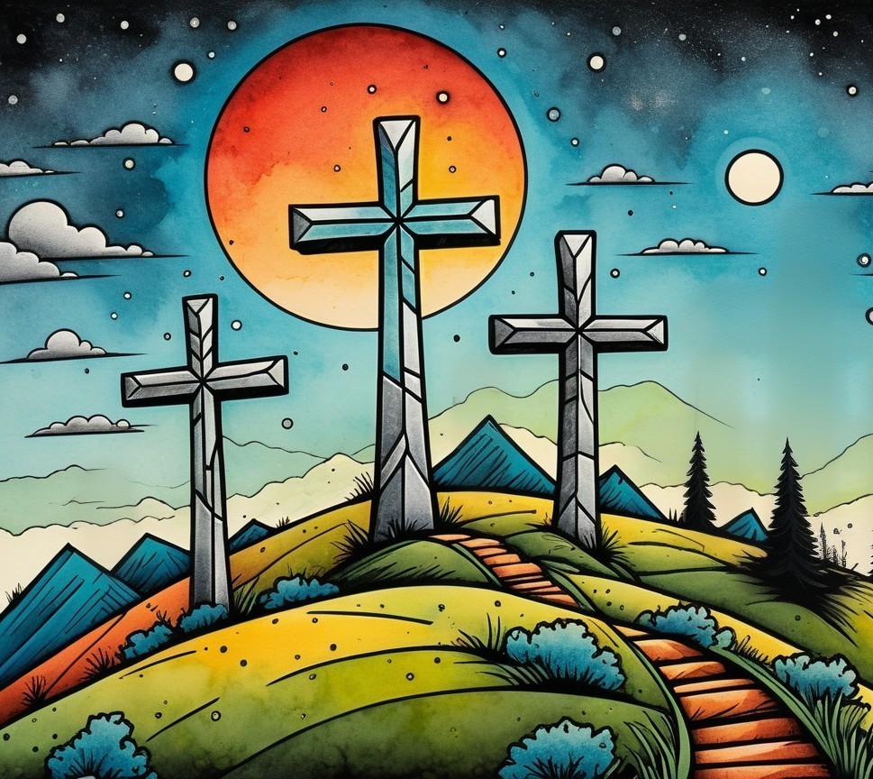 Three Crosses on a Vibrant Hillside Landscape