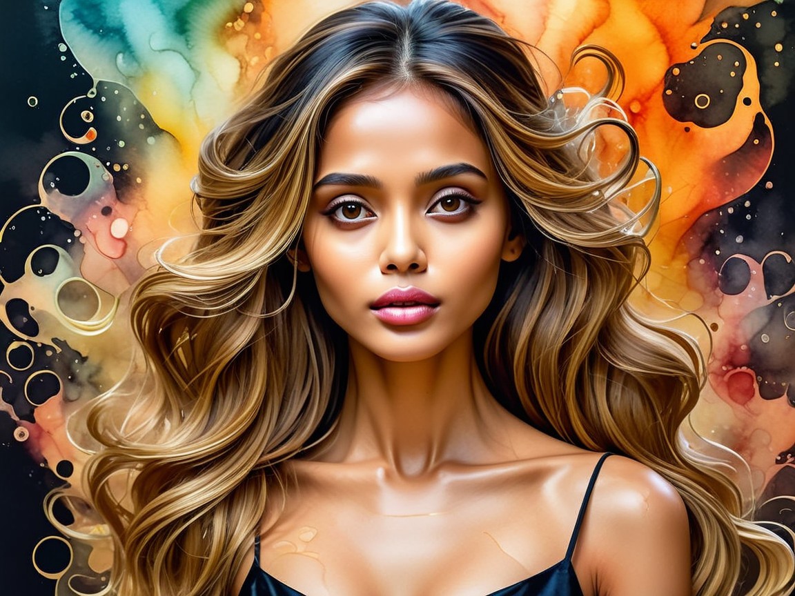 Portrait of a woman with wavy hair and abstract background