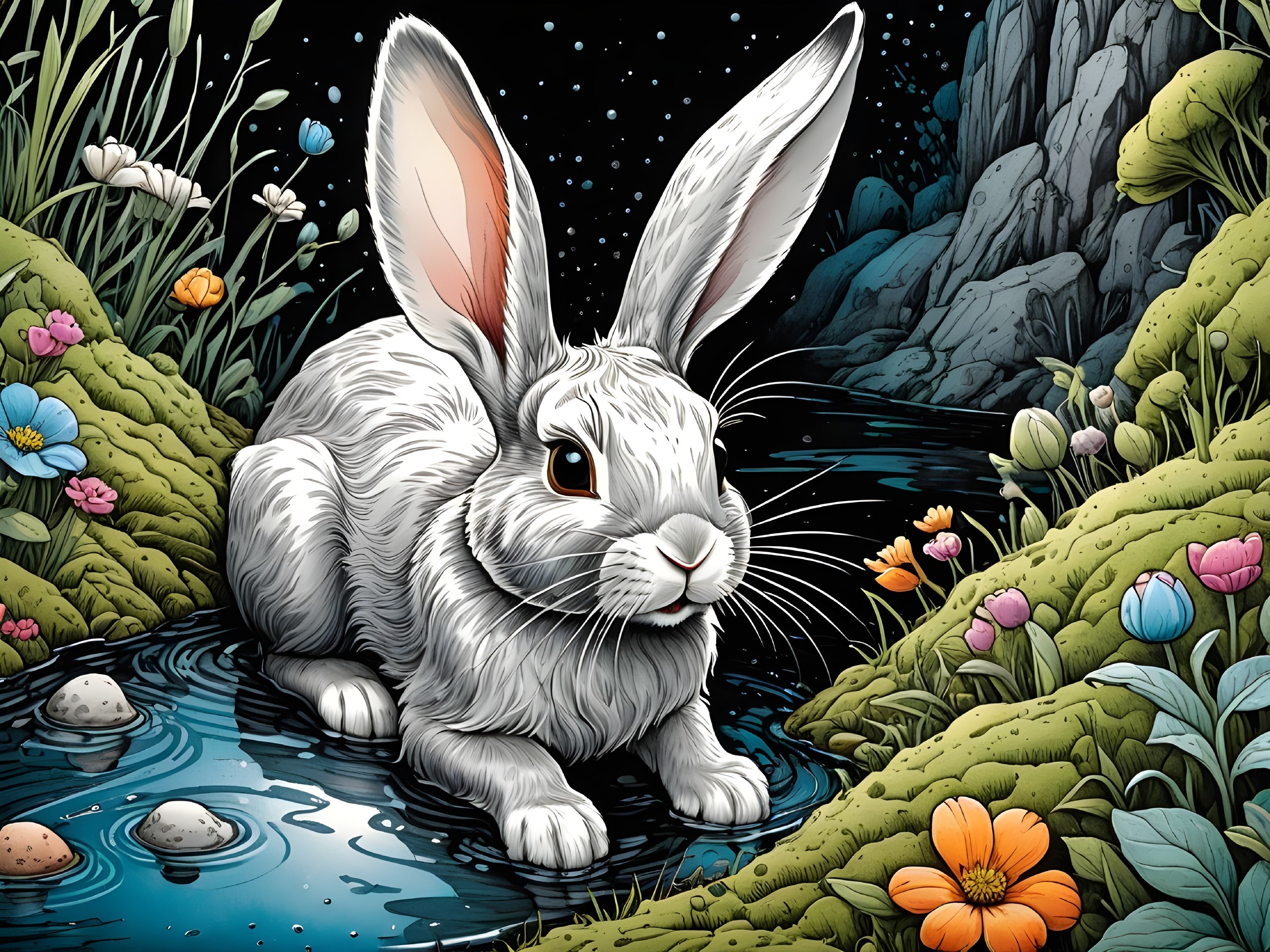 Fluffy White Rabbit by a Shimmering Pond at Night