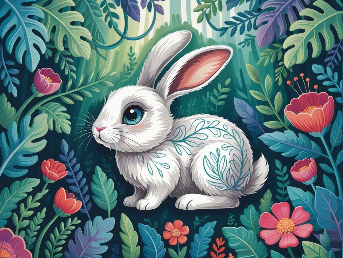 Whimsical White Rabbit in a Lush Forest Setting