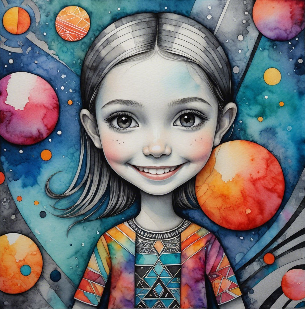 Whimsical Illustration of a Cheerful Girl in Space
