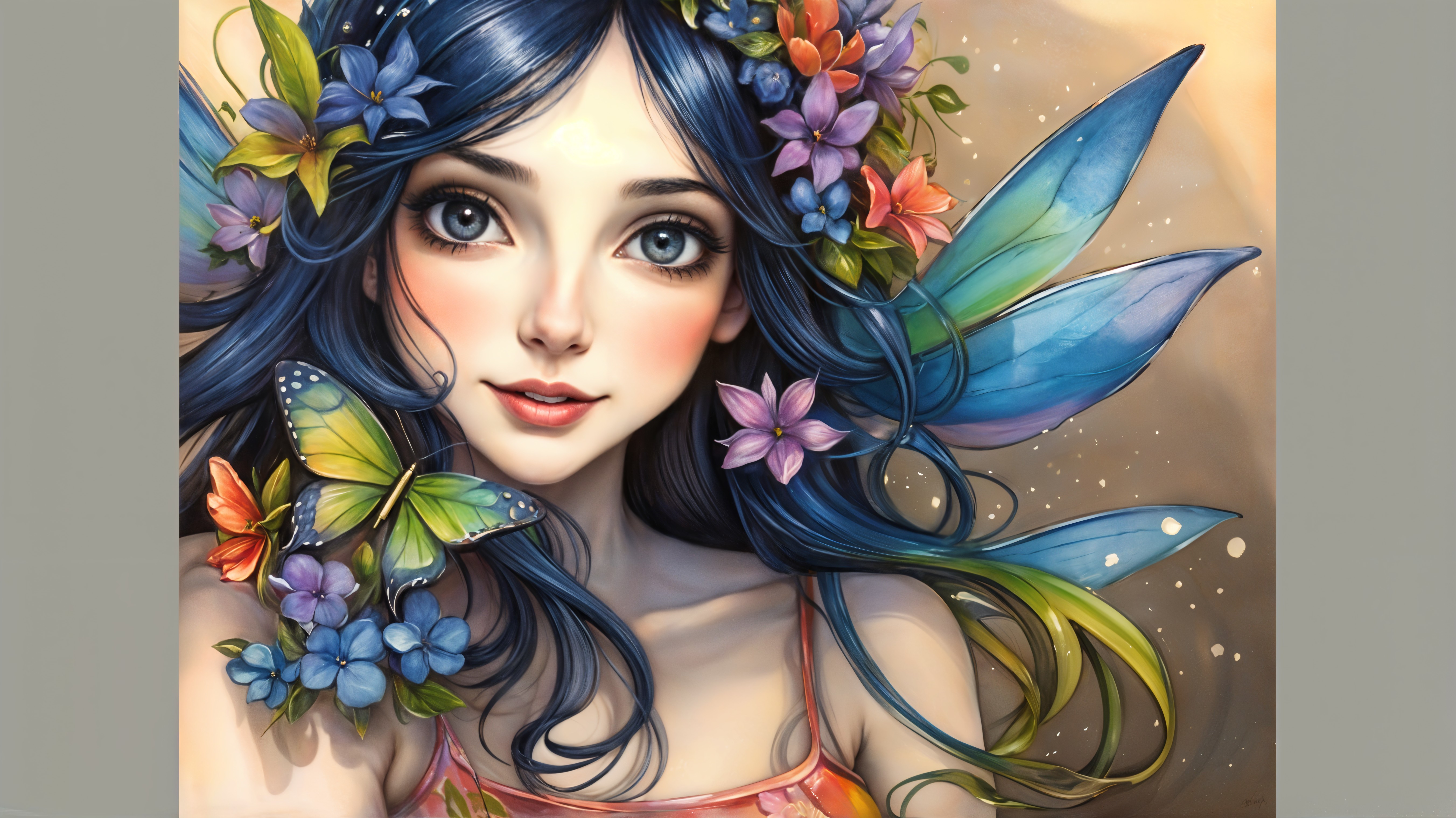 Fantastical woman with blue hair and butterfly wings
