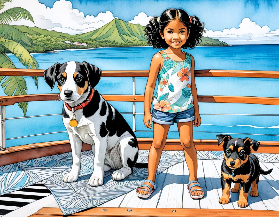 Cheerful girl with dogs on deck by blue ocean
