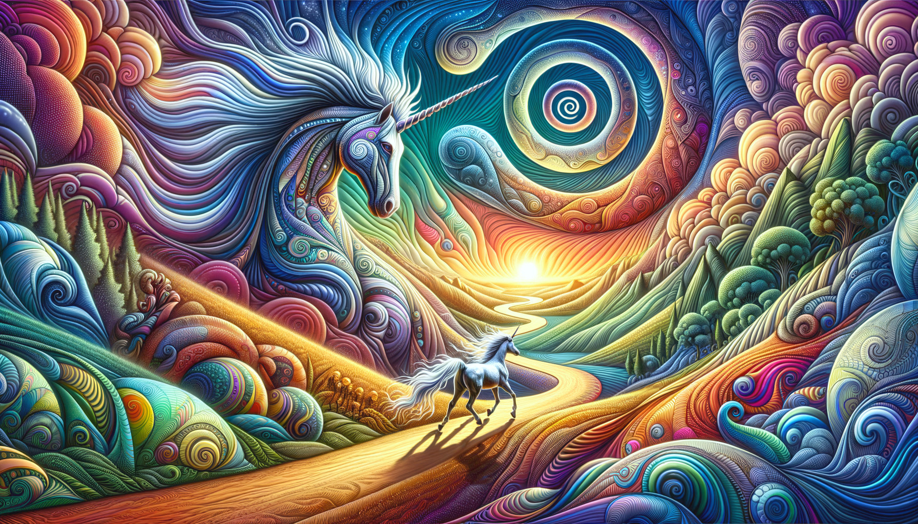 Vibrant Landscape with Ethereal Unicorn and Whimsical Trees