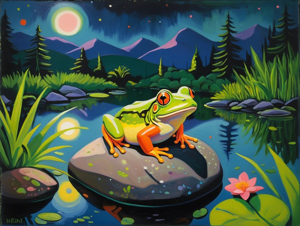 Whimsical Frog Scene in Tranquil Night Pond