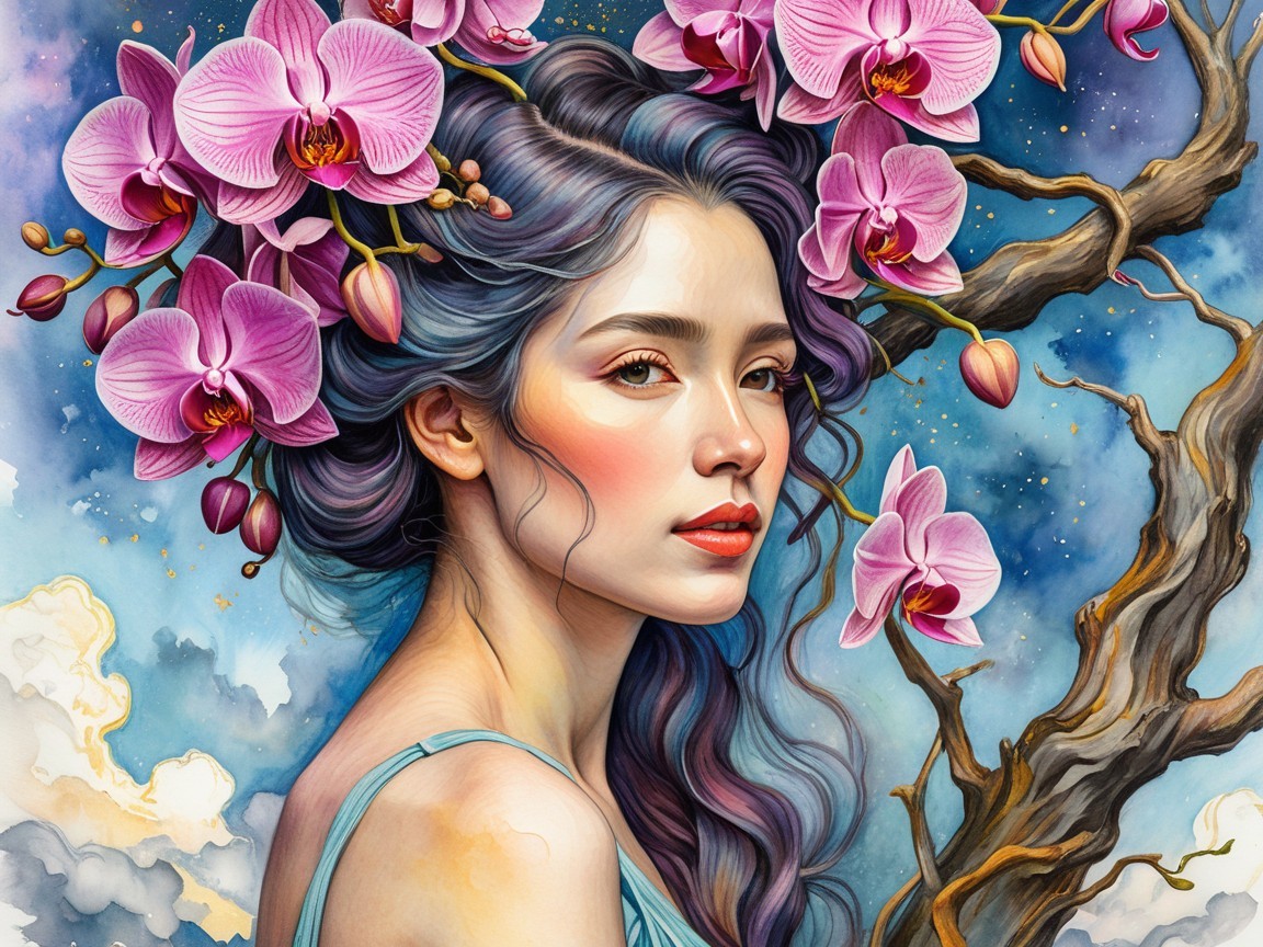 Digital Watercolor of Woman with Orchid Flowers and Sky