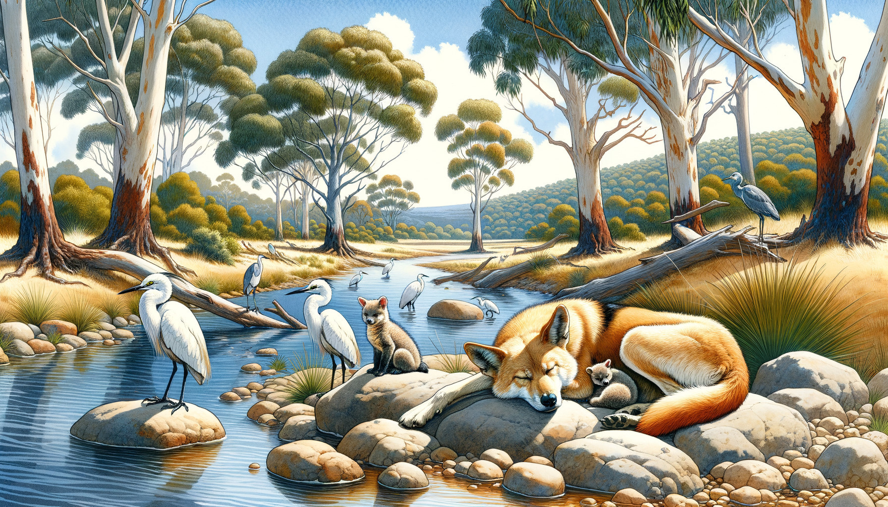 Serene River Landscape with Wildlife and Lush Trees