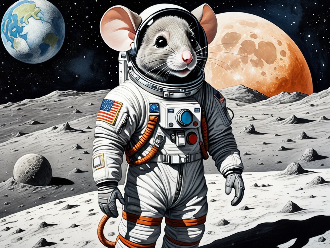 Cartoon Mouse in Space Suit on Lunar Landscape