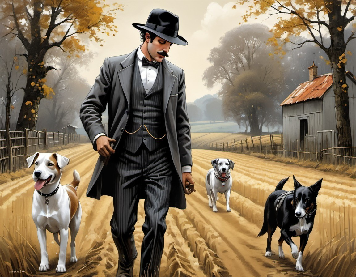 Dapper gentleman in bowler hat with dogs in autumn landscape.