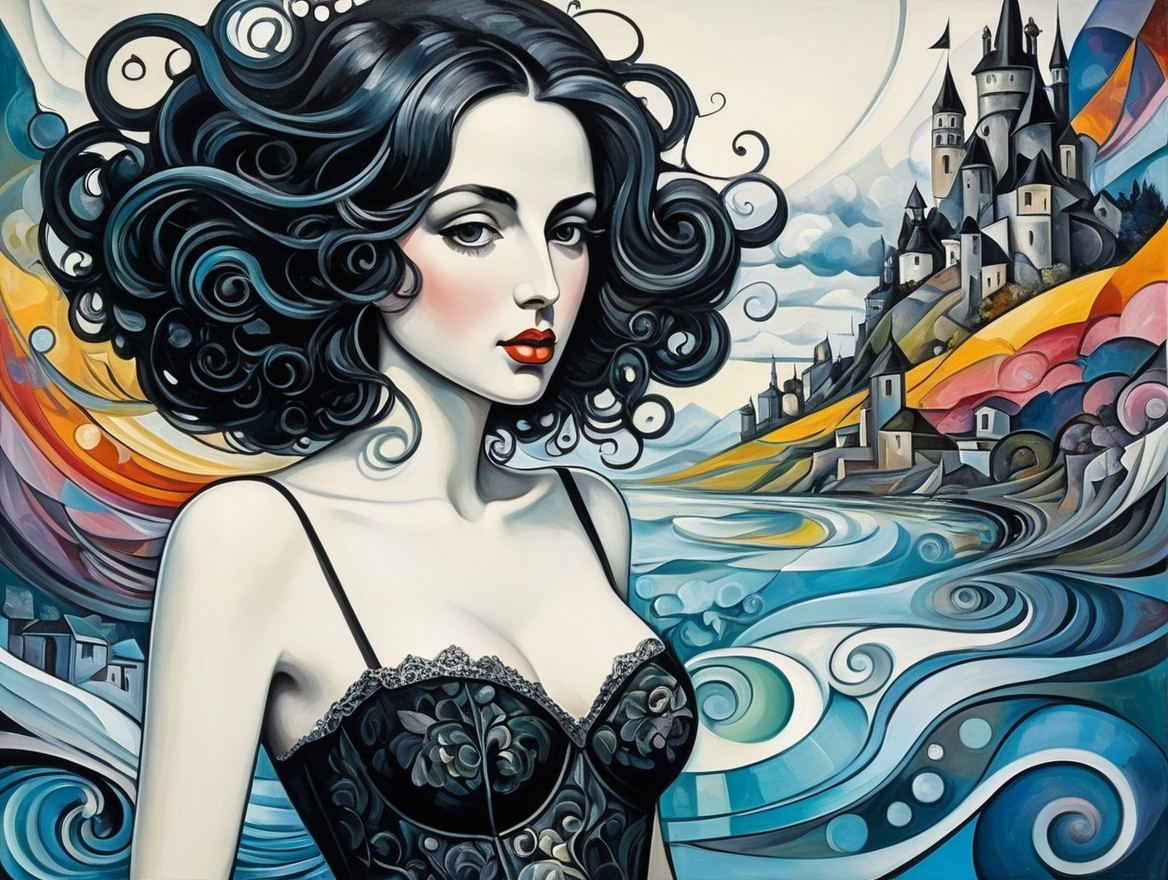 Striking Woman with Black Hair and Whimsical Castle