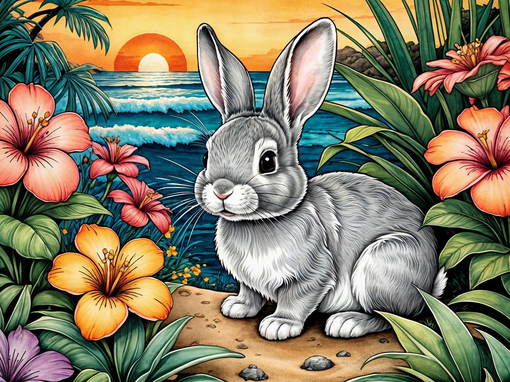 Gray rabbit on sandy path with tropical flowers and sunset