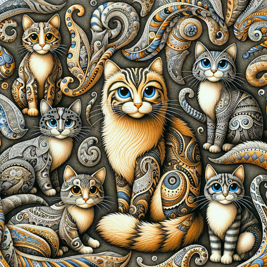 Intricate Cats Against Ornate Swirling Background
