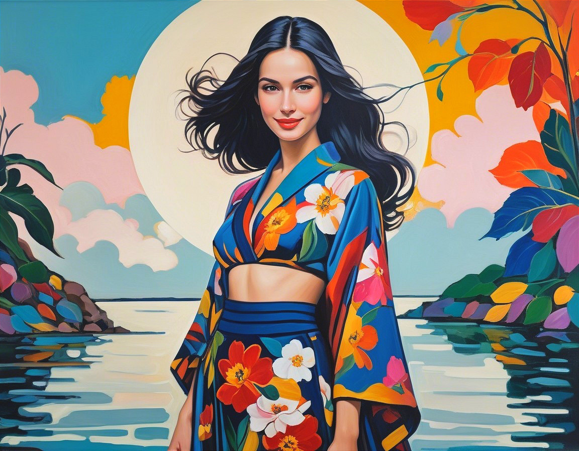 Woman in Floral Kimono by Serene Water and Moon