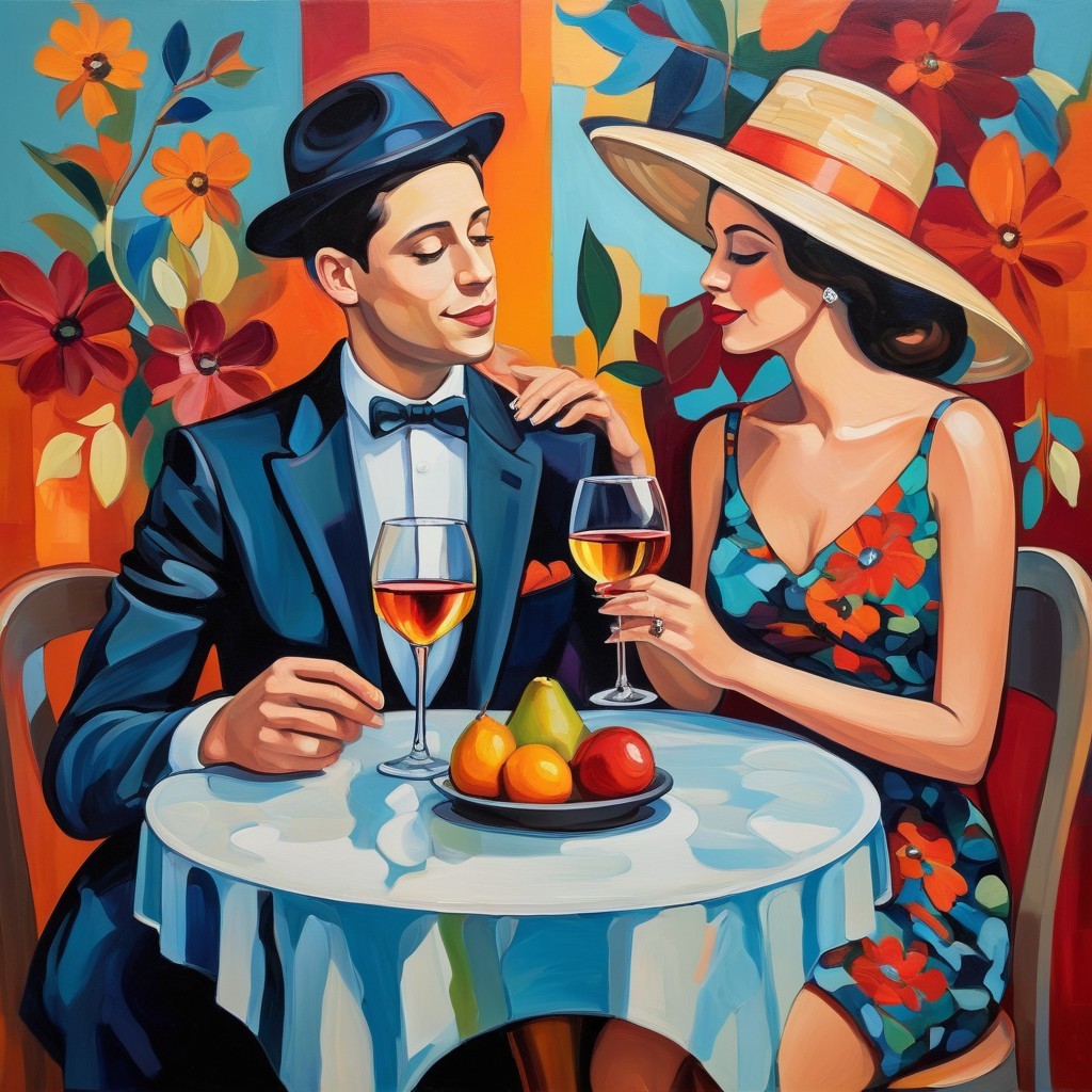 Stylish Couple at Table with Colorful Fruits and Drinks