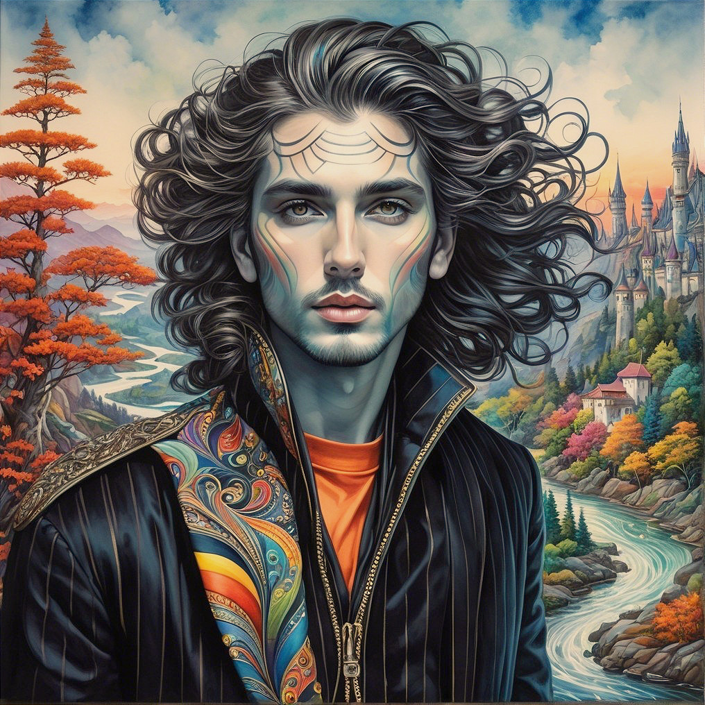 Portrait of a young man with curly hair and facial markings
