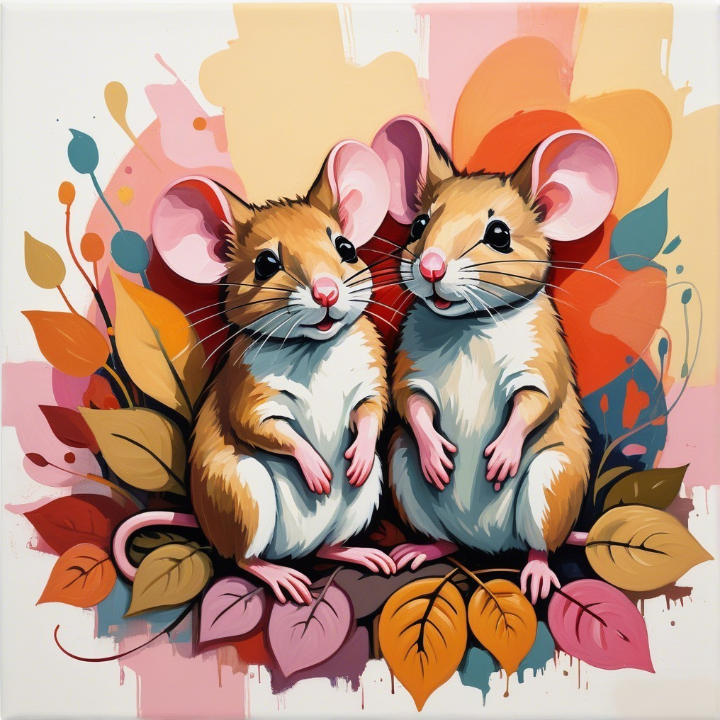 Cartoon Mice Surrounded by Colorful Leaves