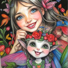 Colorful Painting of Joyful Girl with Fairy Creature