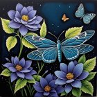 Vibrant painting of blue butterflies and purple flowers