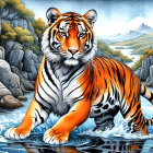 Tiger in a River Surrounded by Lush Landscape