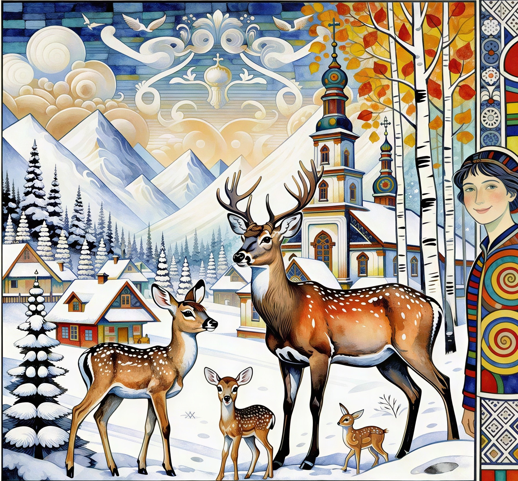 Winter Wonderland Folk Art with Deer and Village Scene