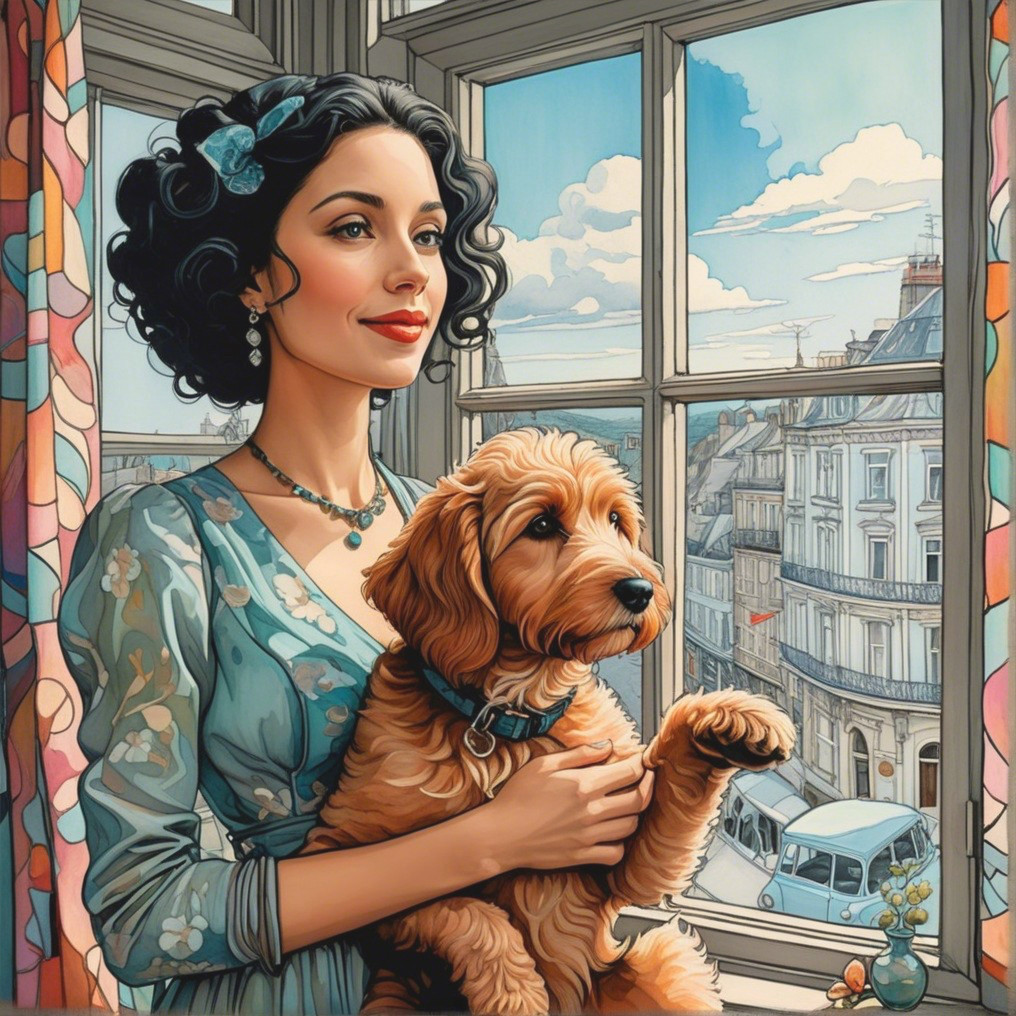 Woman in Blue Dress with Dog by Window Overlooking City