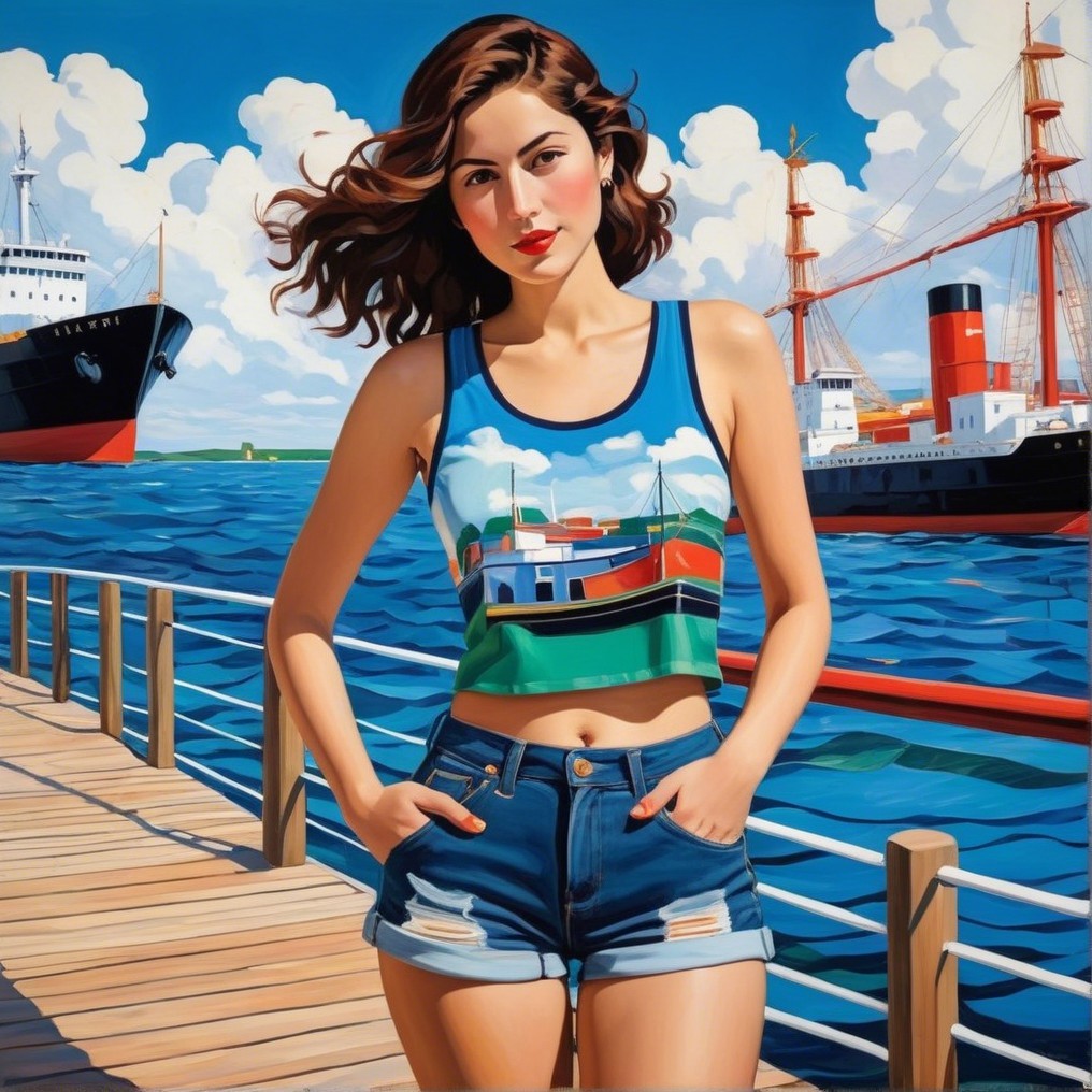 Young Woman on Dock by Vibrant Blue Sea and Ships