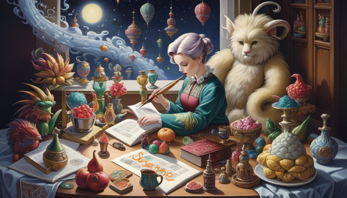 Woman reading and writing in mystical shop with lion-like creature and colorful artifacts