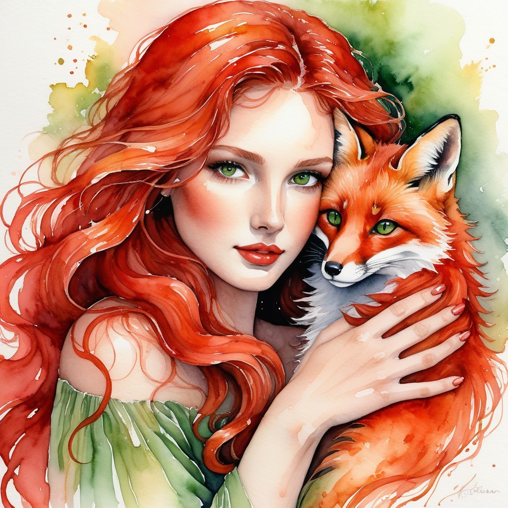 Watercolor Illustration of Woman with Fox in Nature