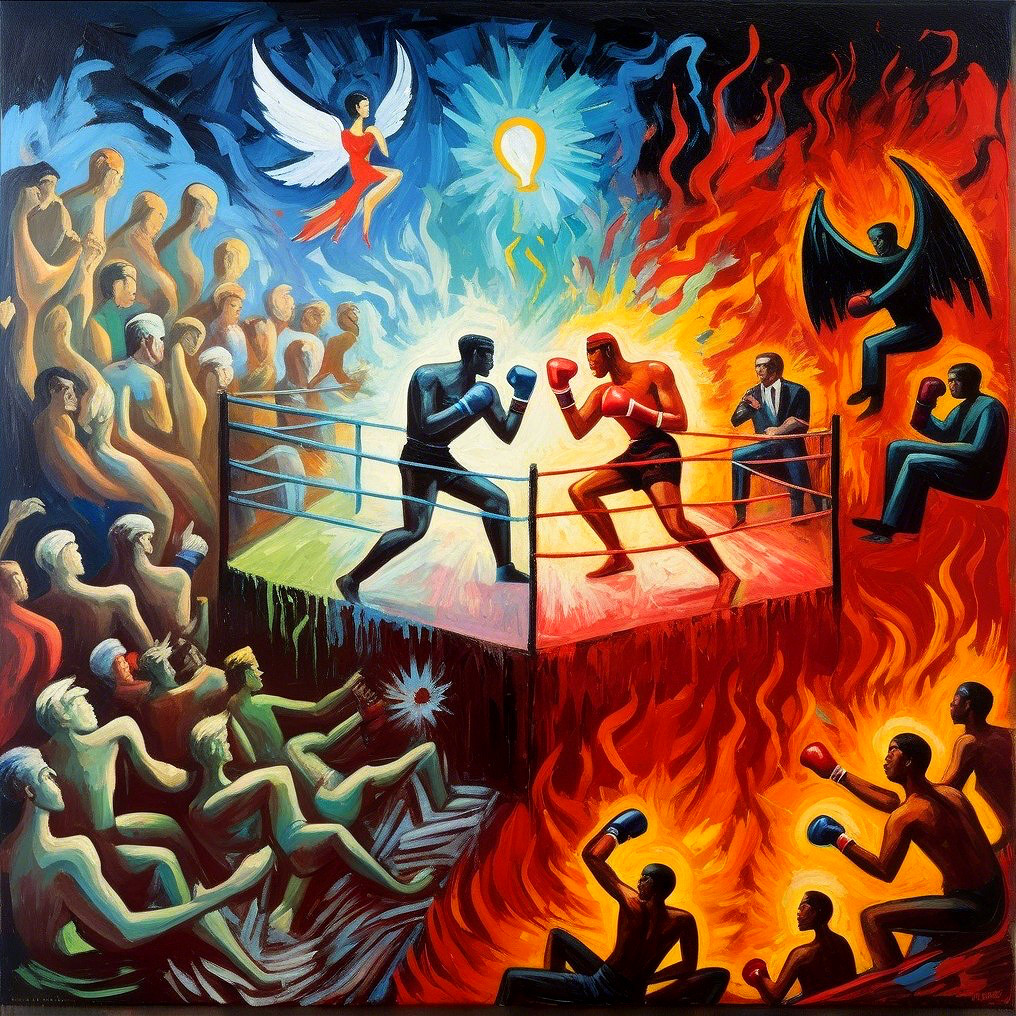 Dramatic Boxing Match Between Good and Evil Forces