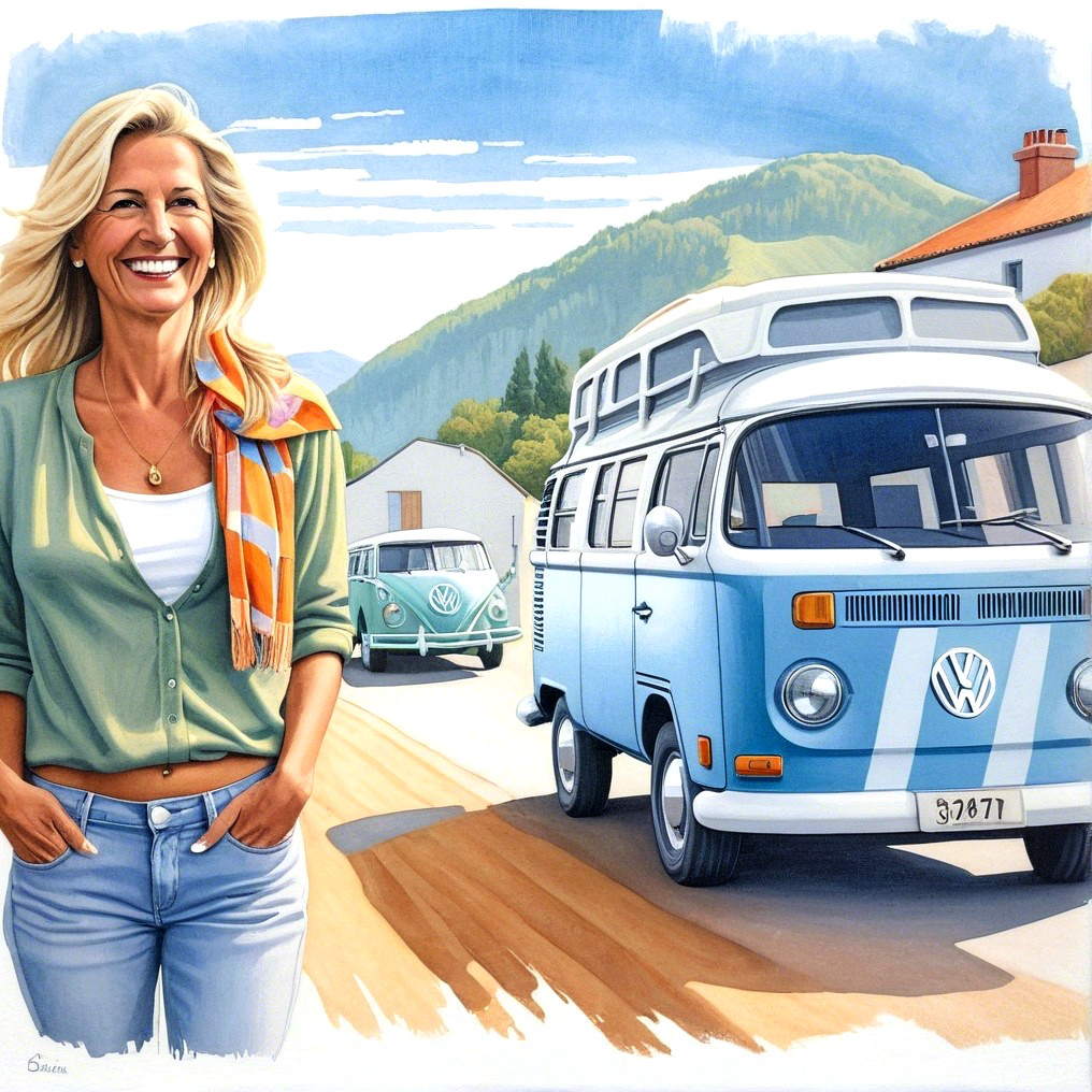 Cheerful Woman in Cardigan on Sunny Street Scene