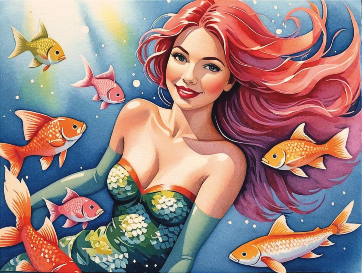 Colorful Underwater Scene with Mermaid and Fish