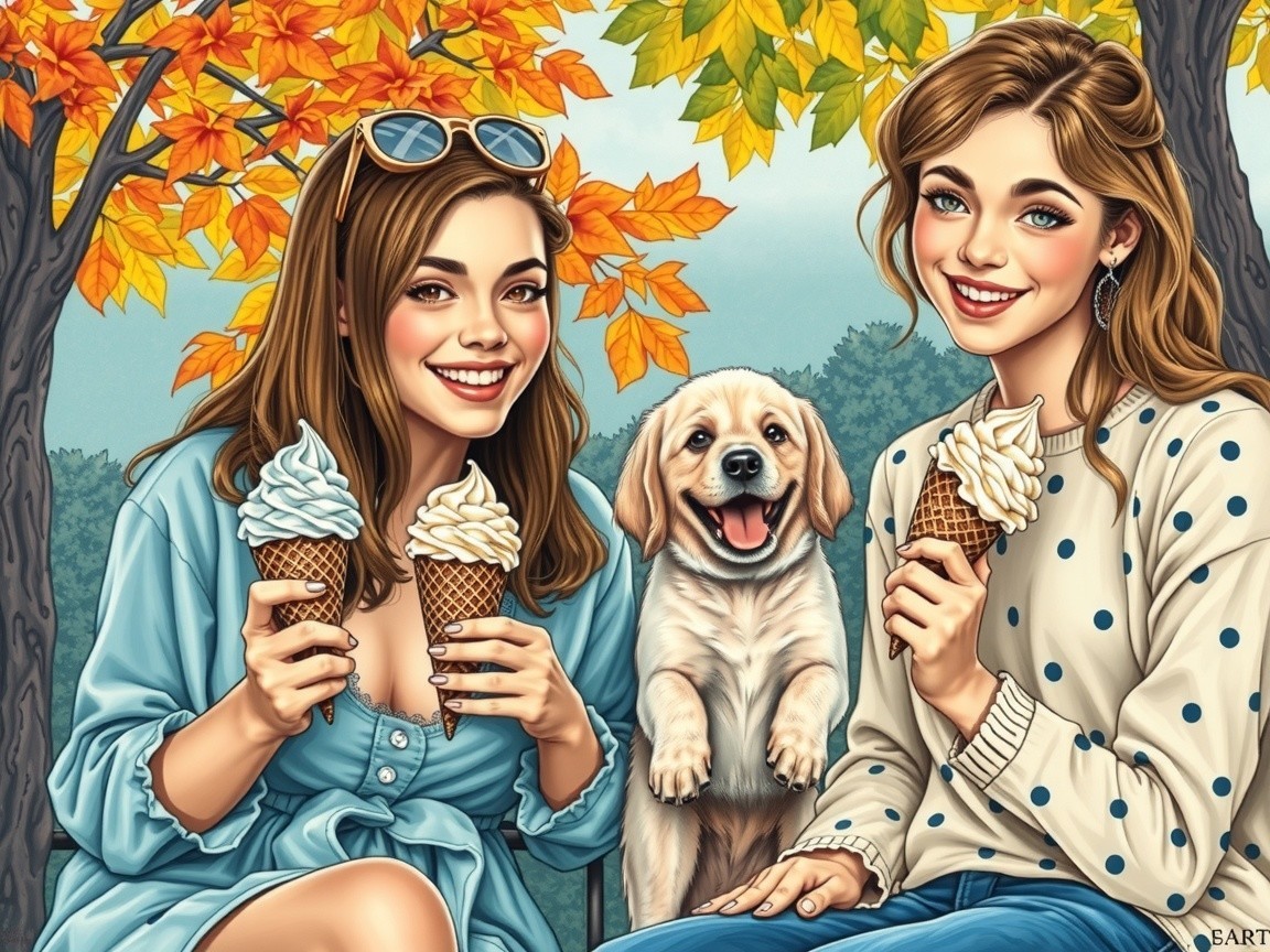 Young women enjoying ice cream in autumn leaves