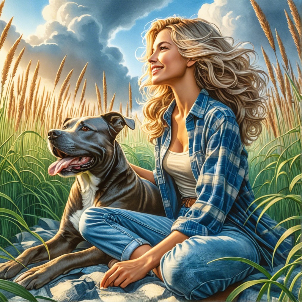 Woman in plaid shirt with dog in sunny field