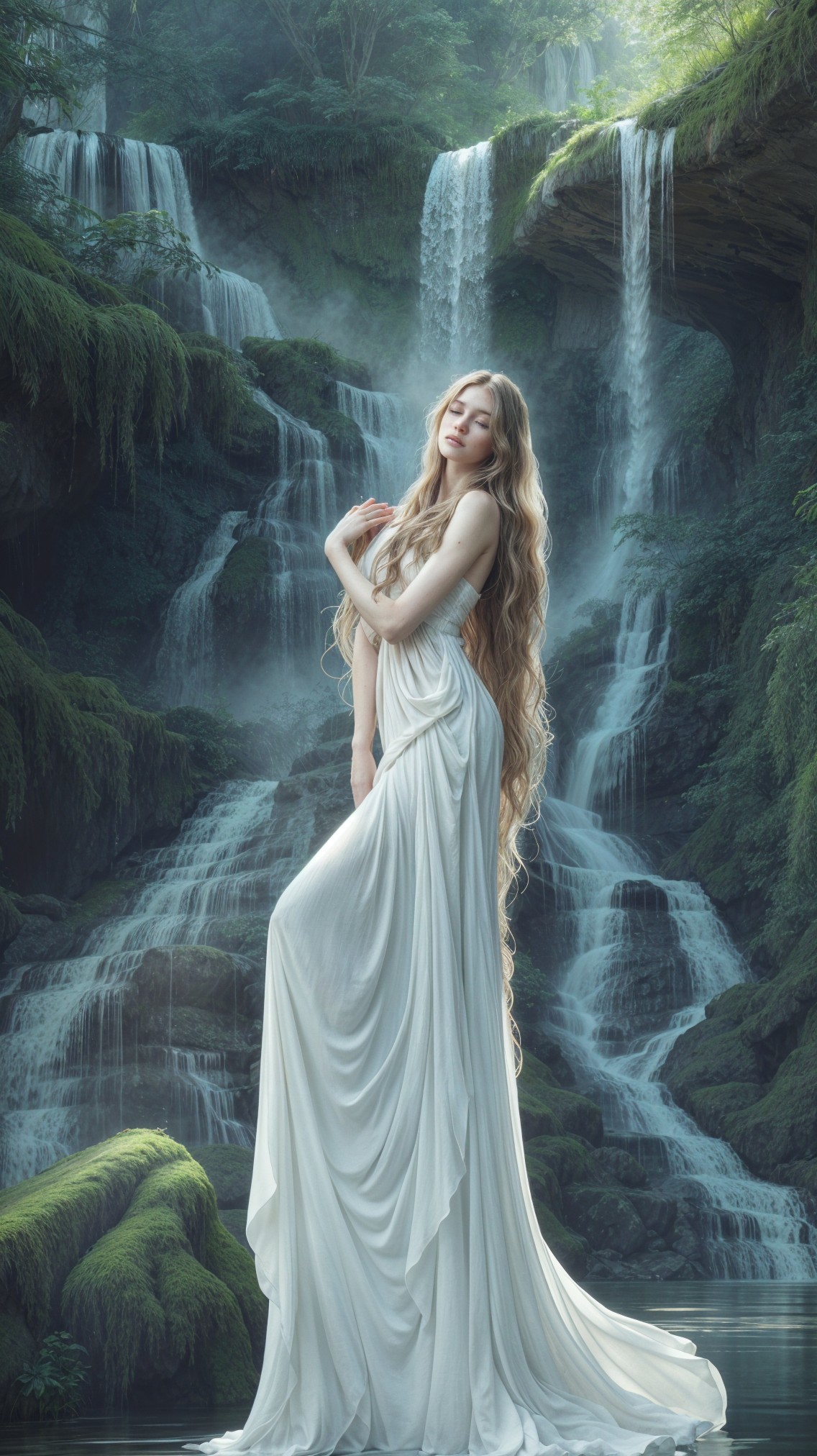 Young Woman by a Lush Waterfall in White Dress
