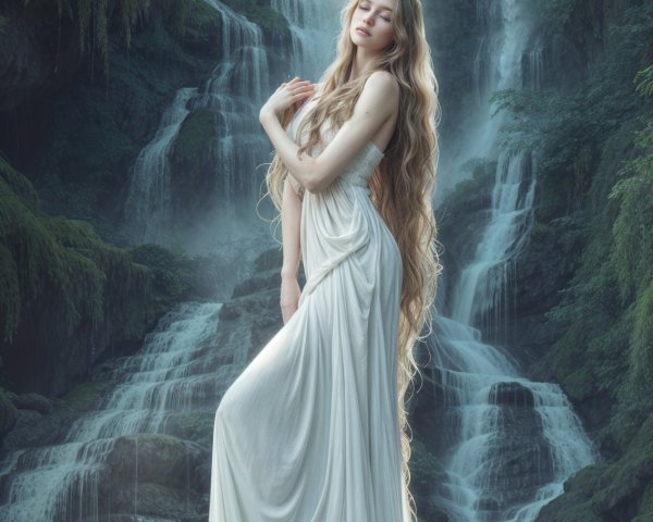 Young Woman by a Lush Waterfall in White Dress