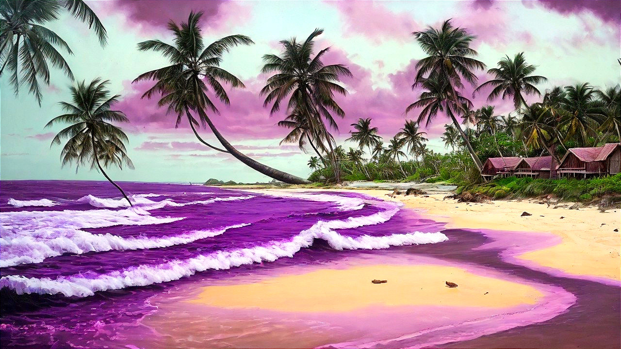 Surreal Beach Scene with Purple Waves and Palm Trees