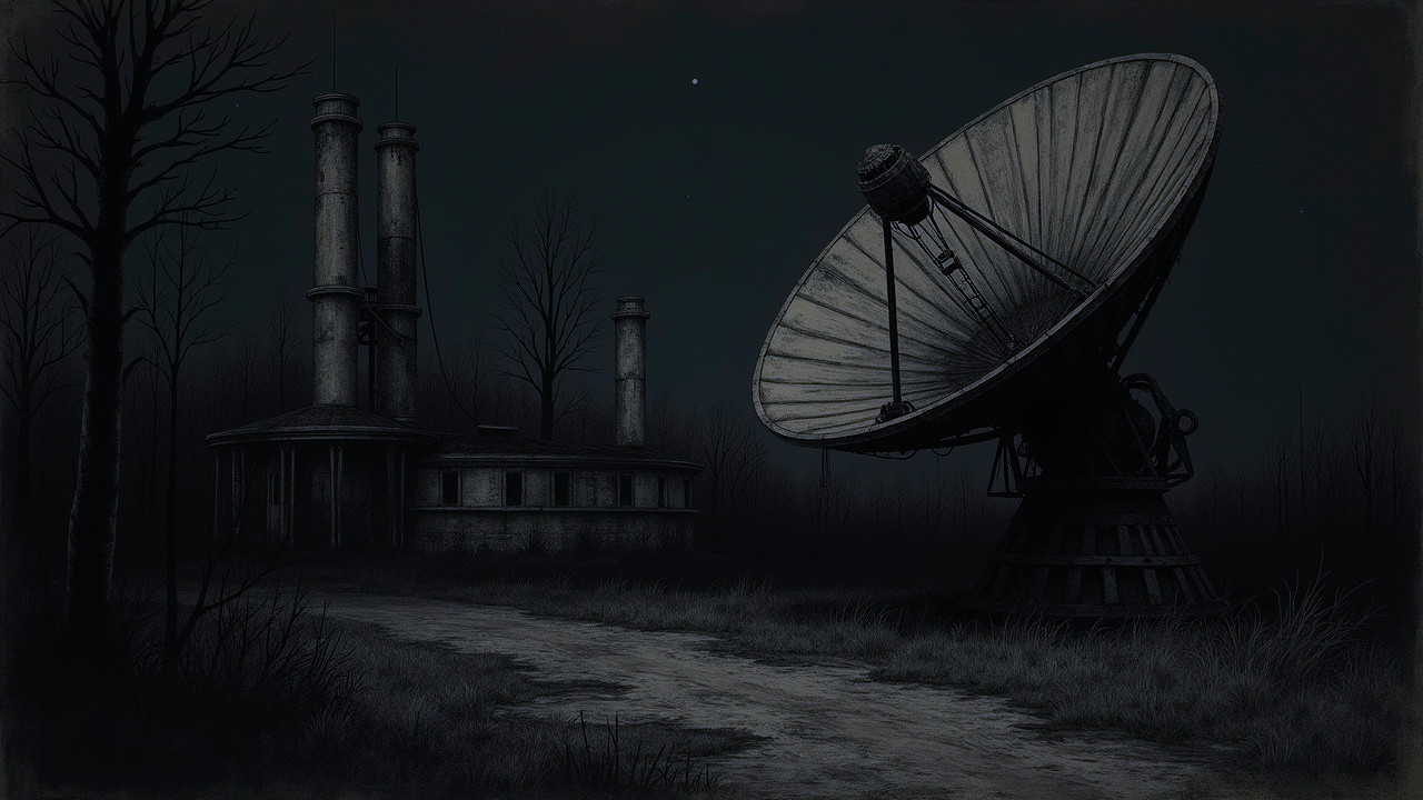 Abandoned Factory and Satellite Dish in Dark Landscape