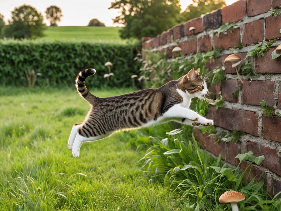 Playful Cat Leaping in a Green Field Scene