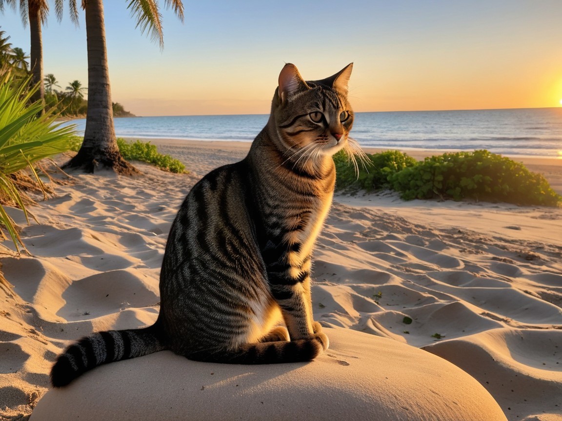 Striped Cat on Beach at Sunset with Palm Trees