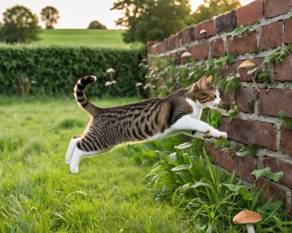 Playful Cat Leaping in a Green Field Scene