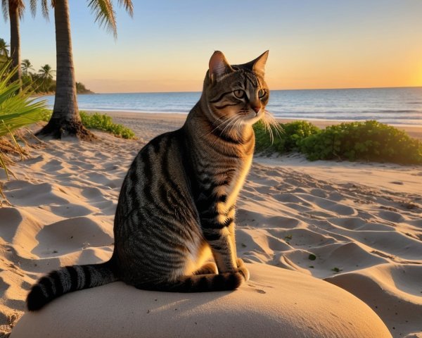 Striped Cat on Beach at Sunset with Palm Trees