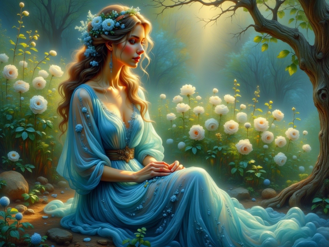 Young Woman in Blue Gown Surrounded by White Roses