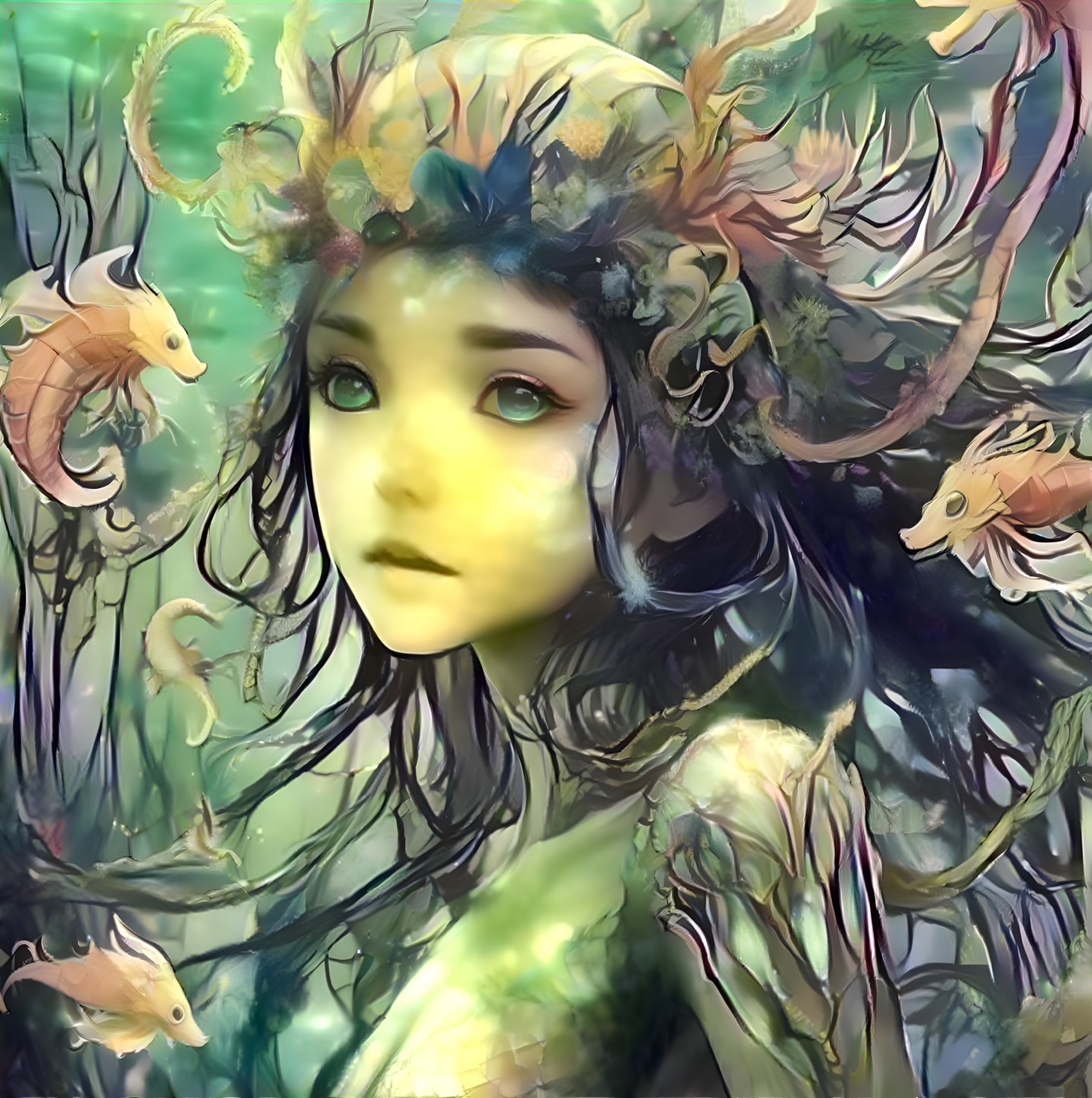 Mystical figure with flowers in an underwater setting