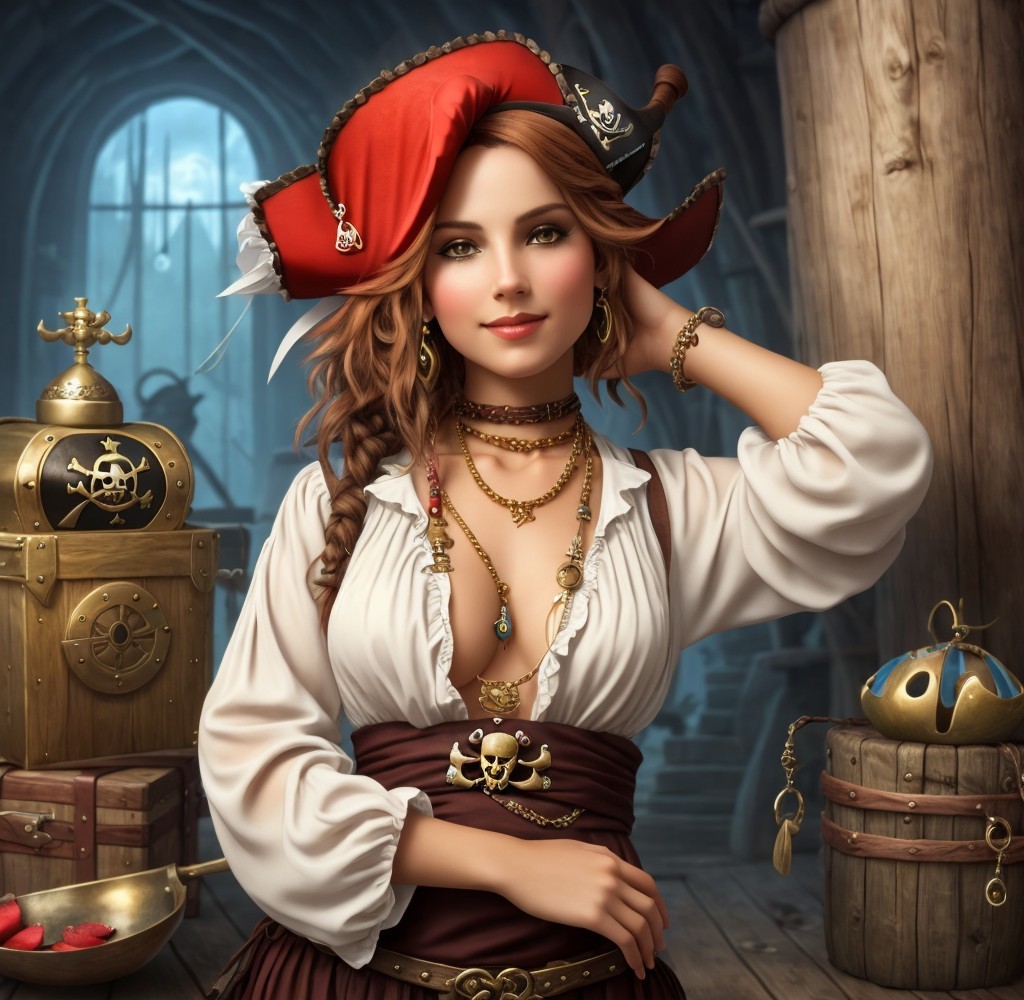 Pirate Woman in Ship's Hold with Treasure Chests