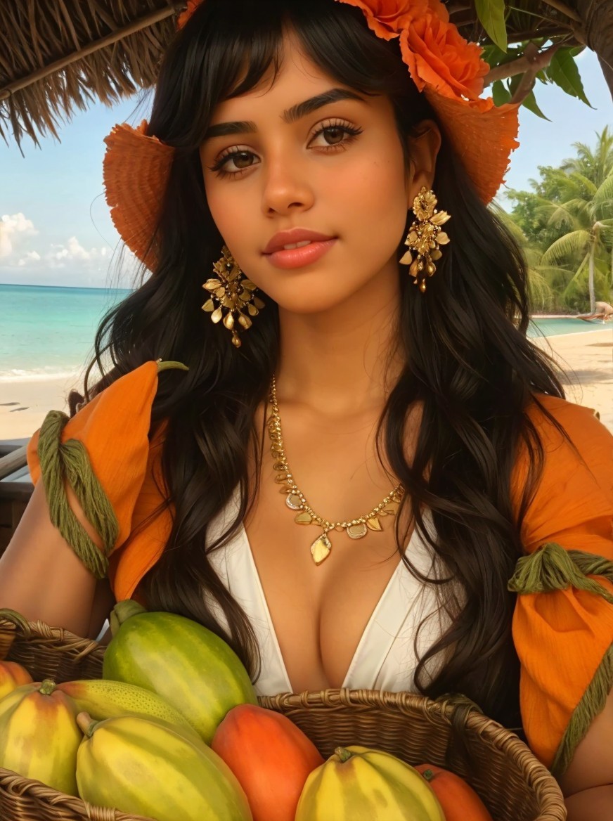 Young woman in vibrant attire on a beach with fruits