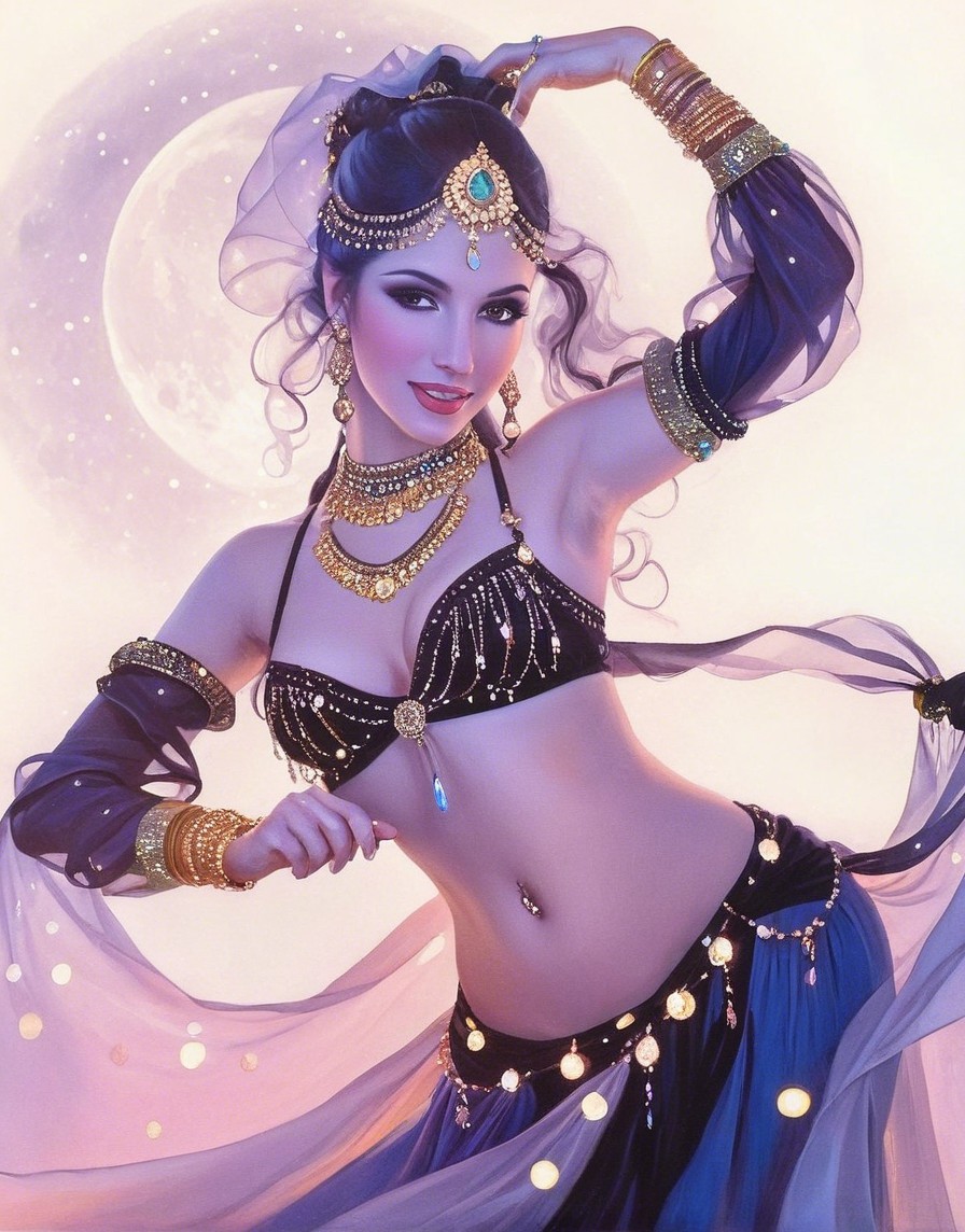 Belly Dancer in Moonlit Setting with Elegant Attire