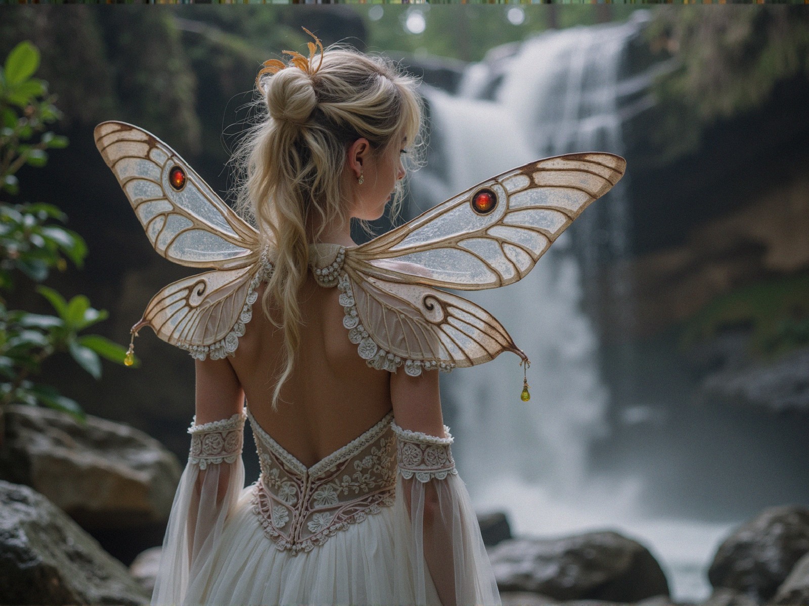 Graceful figure with butterfly wings by a waterfall
