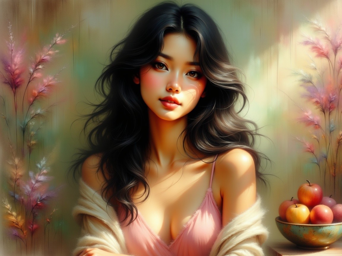 Young woman in pastel setting with floral elements