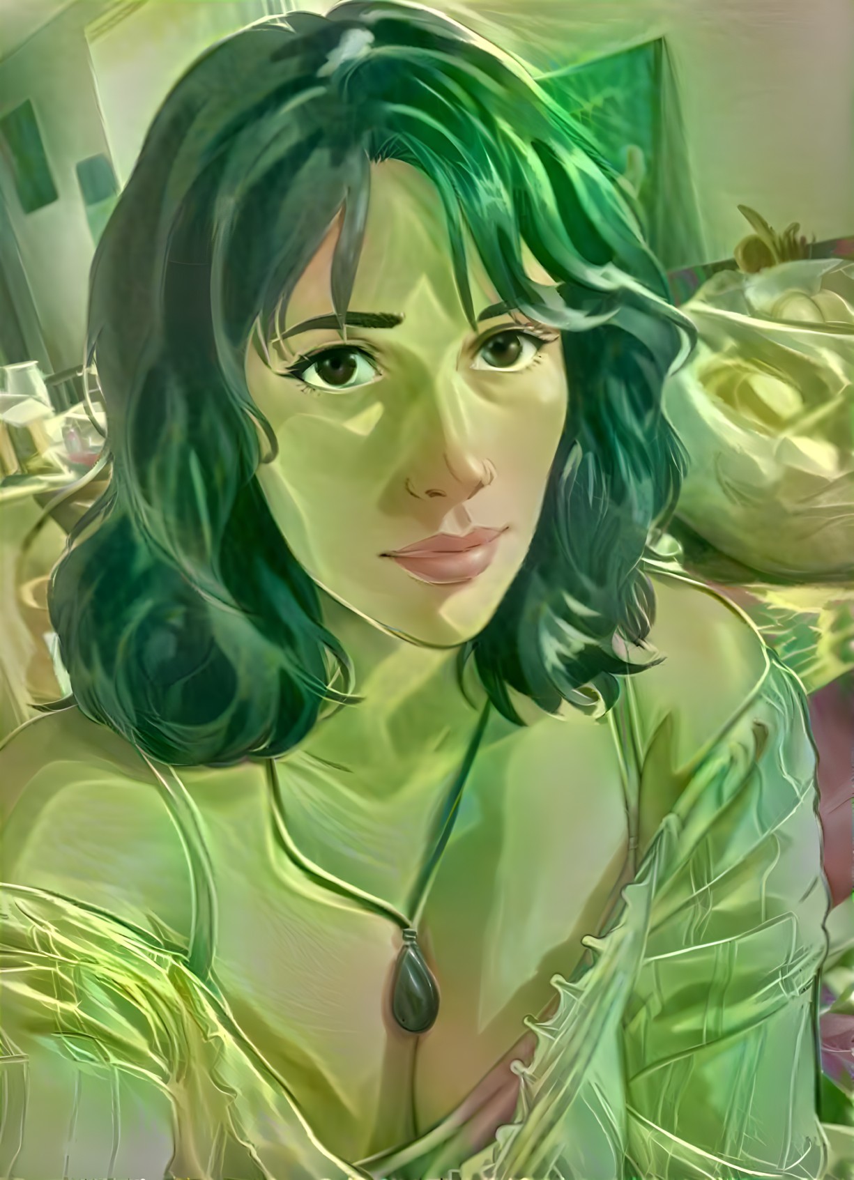 Woman with Wavy Black Hair in Softly Lit Room