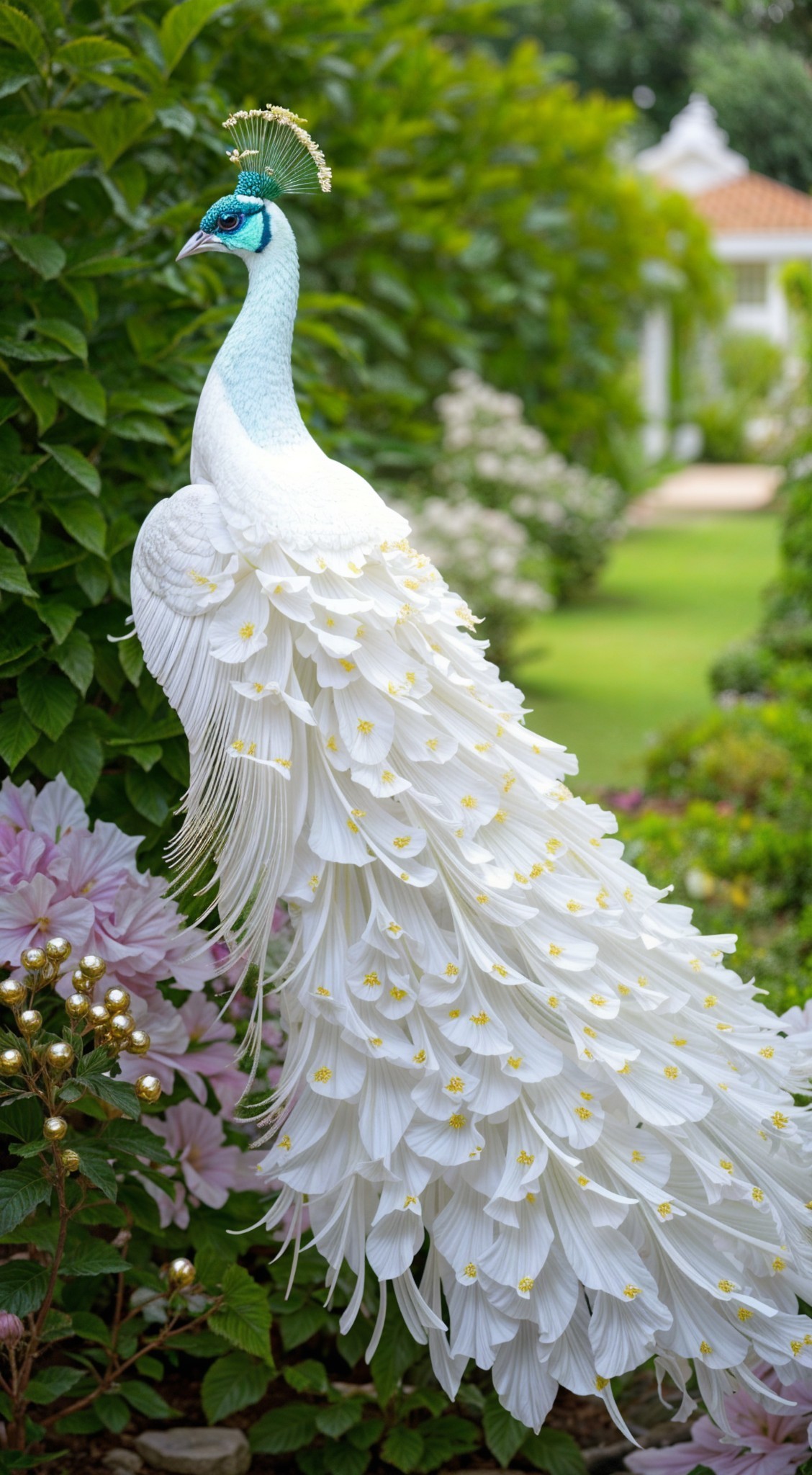 White Peacock Among Lush Greenery and Flowers